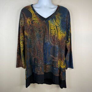 Peter Nygard Womens BURNOUT BOHO Tunic Top Sz XL Blue Rust Pullover Flowy